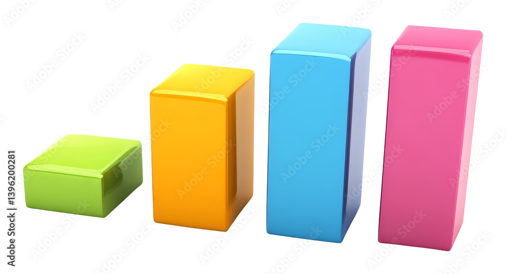 Colorful 3d bar graph with four blocks in green, orange, blue, and pink hues on a transparent background Colorful 3d bar graph with four blocks in green, orange, blue, and pink hues on a transparent background