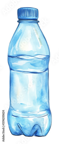 Blue watercolor plastic bottle artwork with reflective highlights on transparent background