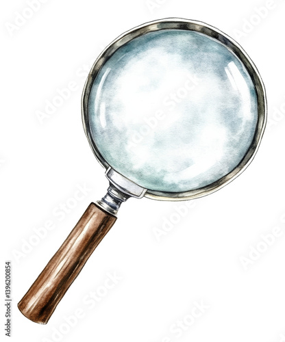 Watercolor illustration of magnifying glass with wooden handle on transparent background