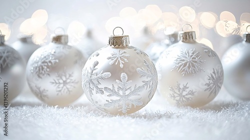 Elegant glass Christmas baubles frosty snowflake patterns arranged artistically on a white background with soft lighting