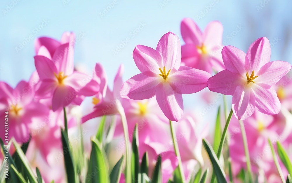 A vibrant patch of pink flowers blooms amidst lush green grass, showcasing the beauty of springtime and the joy of Easter festivities. A vibrant patch of pink flowers blooms amidst lush green grass, showcasing the beauty of springtime and the joy of Easter festivities.