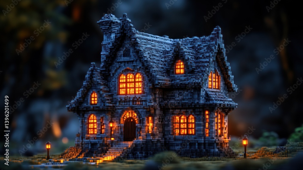 Obraz premium Cozy Pixelated House Illuminated at Night with Warm Lights and Lanterns Ideal for Fantasy Hal