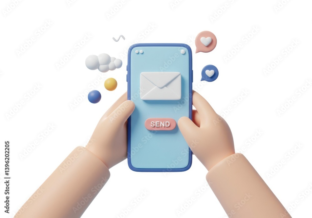 Email marketing campaign on mobile phone sending message now isolated on white background Email marketing campaign on mobile phone sending message now isolated on white background