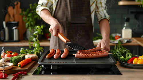 Young man cooking tasty sausages and vegetables on modern electric grill at table in kitchen