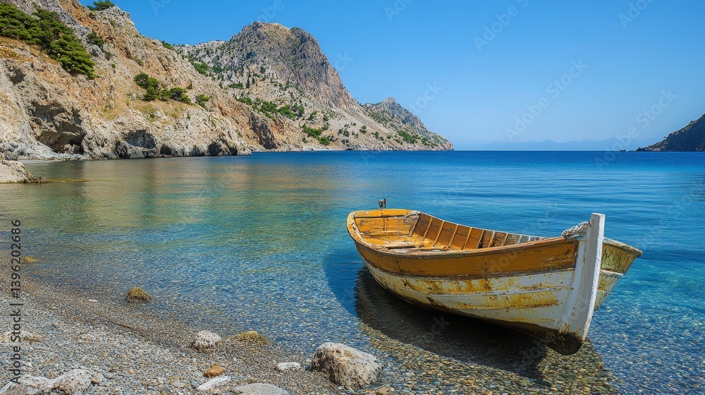 Serene coastal landscape with abandoned boat on crystal clear shoreline. Serene coastal landscape with abandoned boat on crystal clear shoreline.