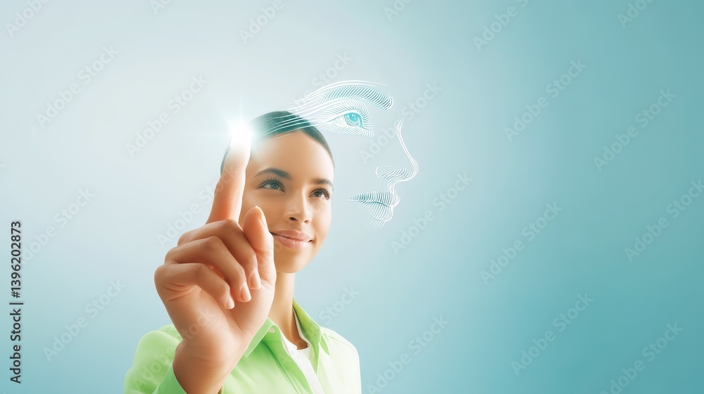 A Woman Touching a Glowing Outline of a Face on a Digital Interface A Woman Touching a Glowing Outline of a Face on a Digital Interface