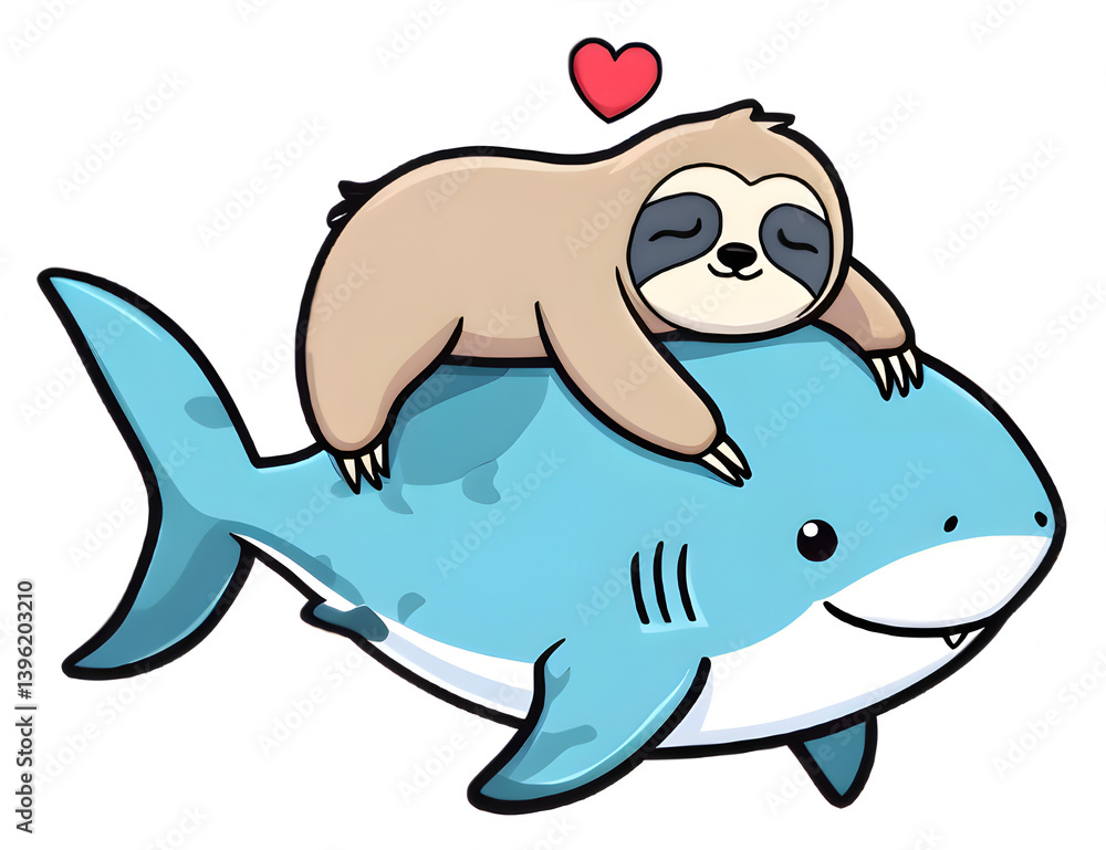 a sloth on a shark's back Sticker illustration. Generative ai a sloth on a shark's back Sticker illustration. Generative ai
