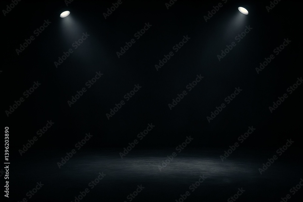 Obraz premium Sala preta vazia com duas fontes de luz vinda de cima. Palco escuro com iluminação dramática, perfeito para apresentações ou performances.