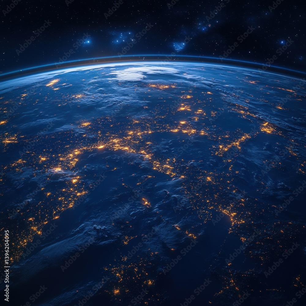 Obraz premium Night View of Earth from Space with City Lights and Curvature