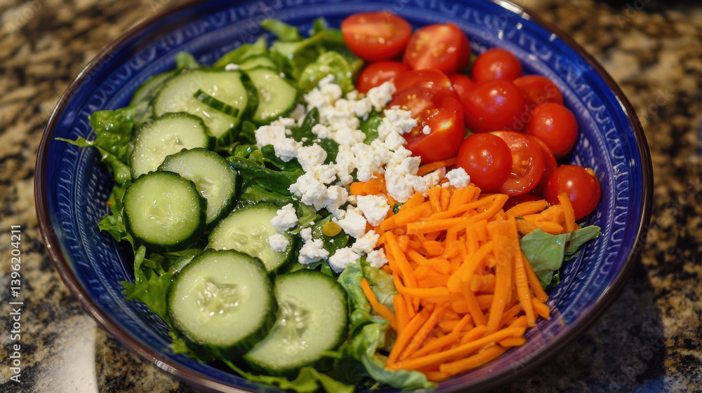 A colorful salad bowl with mixed greens, sliced cucumbers, cherry tomatoes, shredded carrots, and crumbled feta cheese A colorful salad bowl with mixed greens, sliced cucumbers, cherry tomatoes, shredded carrots, and crumbled feta cheese