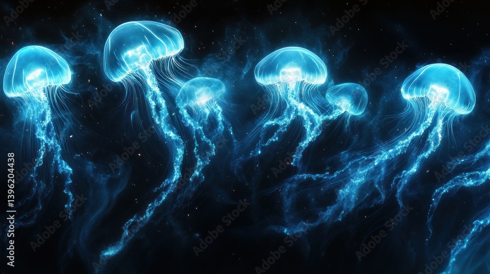 Naklejka premium Bioluminescent jellyfish in deep ocean