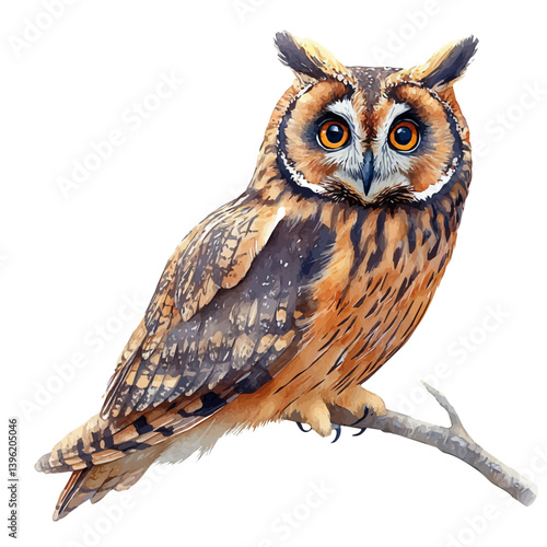 Long-eared owl, watercolor illustration, isolated on a white background.

