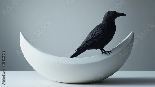 Elegant Black Bird Perched on a Crescent Moon Sculpture Minimalist Artwork for Modern Decor an
