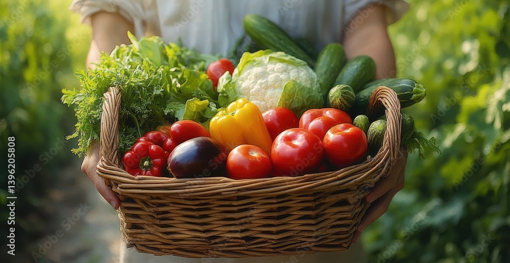 Fototapeta premium Happy Young Farmer Holding Fresh Vegetables in a Basket Outdoors with Nature Background