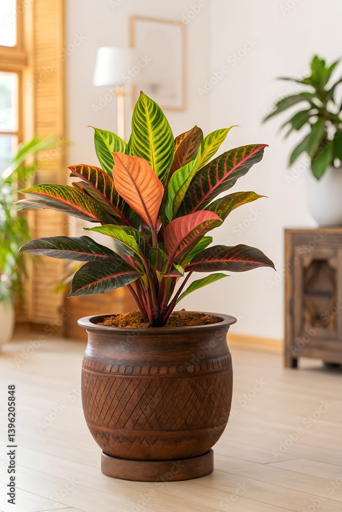 Fototapeta premium A photo of a vibrant and lively image of a plant thriving in a decorative clay pot. The plant features a variety of colorful, broad leaves that contrast with the rustic, brown pot. The background