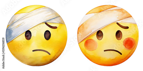 set of hurt with bandage emoji icons, soft pastel watercolor handmade style, pained expressions, transparent cutout PNG, emotional emoticons creative digital design stickers, social media