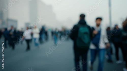 A blurred scene of people walking in a busy urban area, with a focus on one individual.