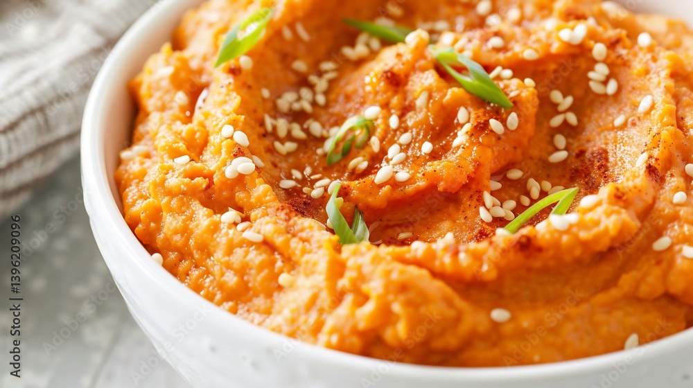 Spiced carrot ginger dip in a white dish smooth and aromatic garnished with sesame seeds Spiced carrot ginger dip in a white dish smooth and aromatic garnished with sesame seeds