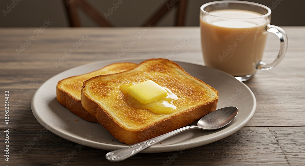 Golden toasts with melted butter served alongside creamy milk drink for breakfast Golden toasts with melted butter served alongside creamy milk drink for breakfast