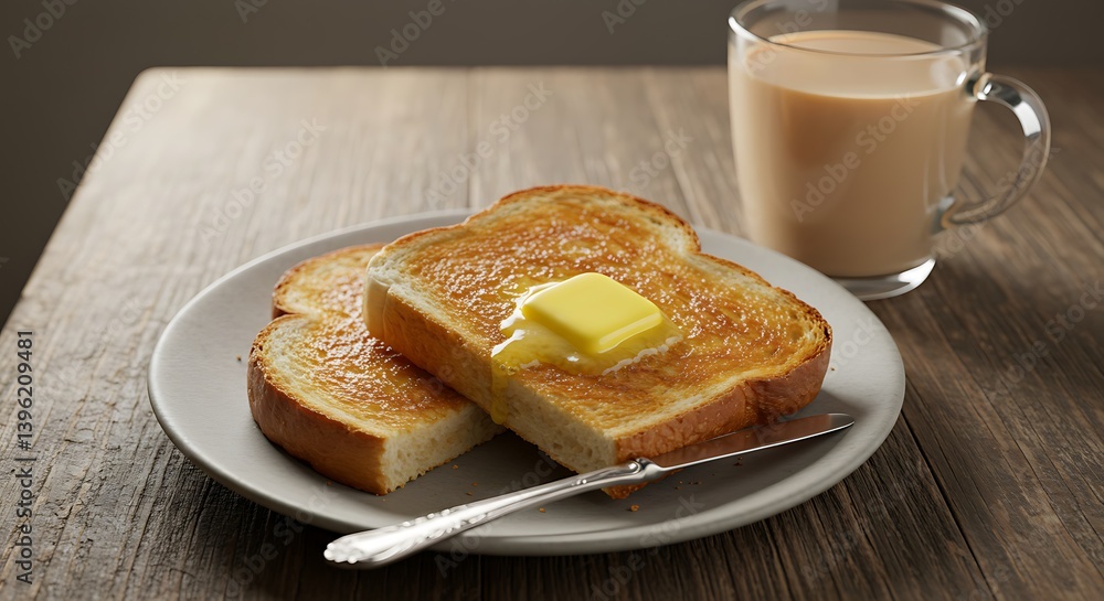 Delicious toast topped with melting butter and a steaming mug of creamy tea Delicious toast topped with melting butter and a steaming mug of creamy tea
