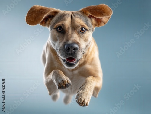 Energetic dog mid-air, eyes...