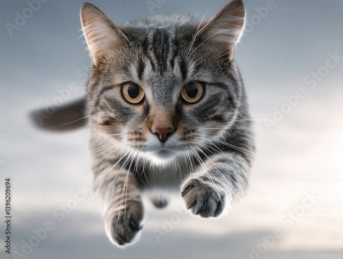 Furry tabby cat leaping tow...