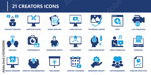Creator icons pack in solid style including content creator, video editing, podcast, animation, blogging, idea board, and fan engagement.