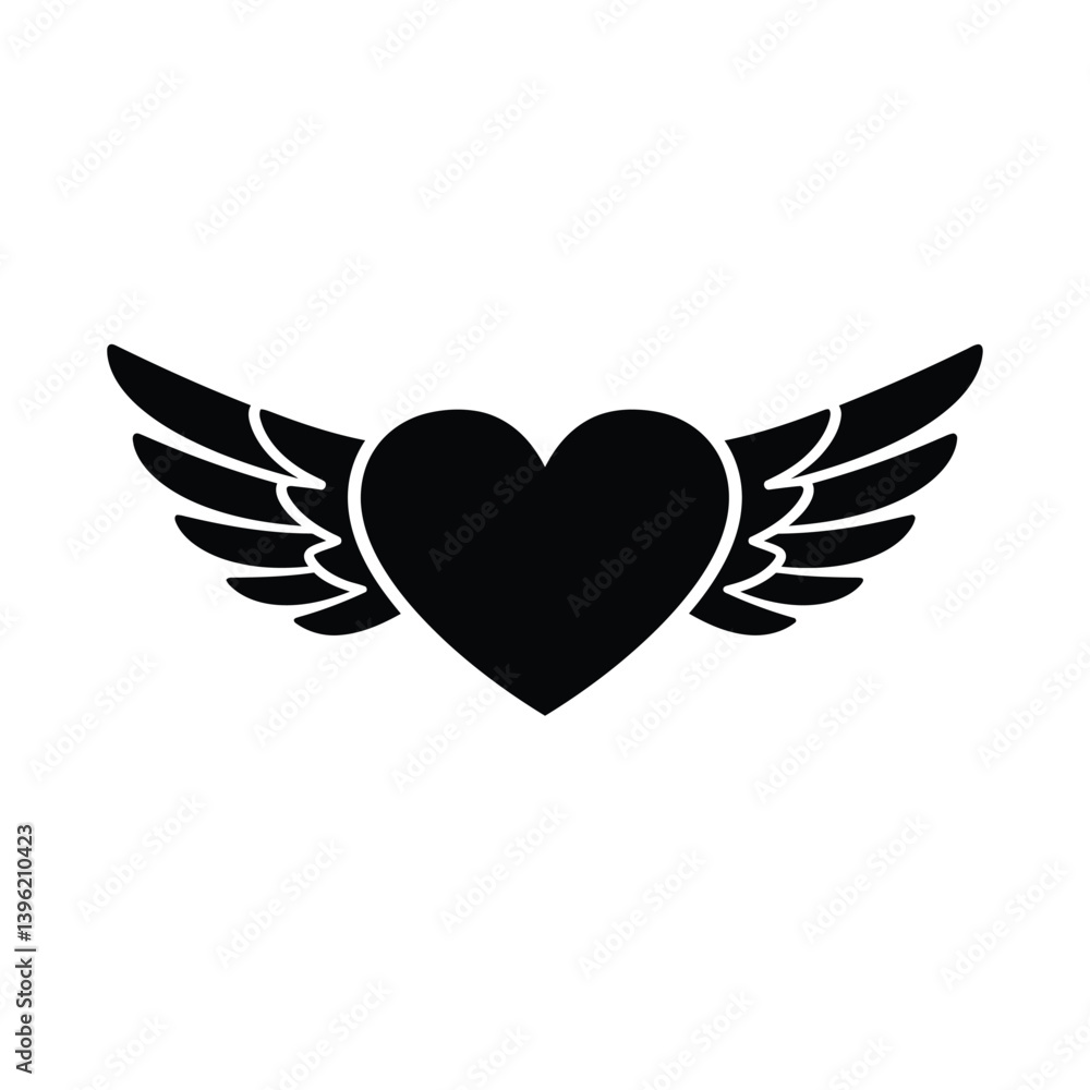 Fototapeta premium Heart With Wings Graphic Element Black Silhouette Symbol Of Love And Freedom