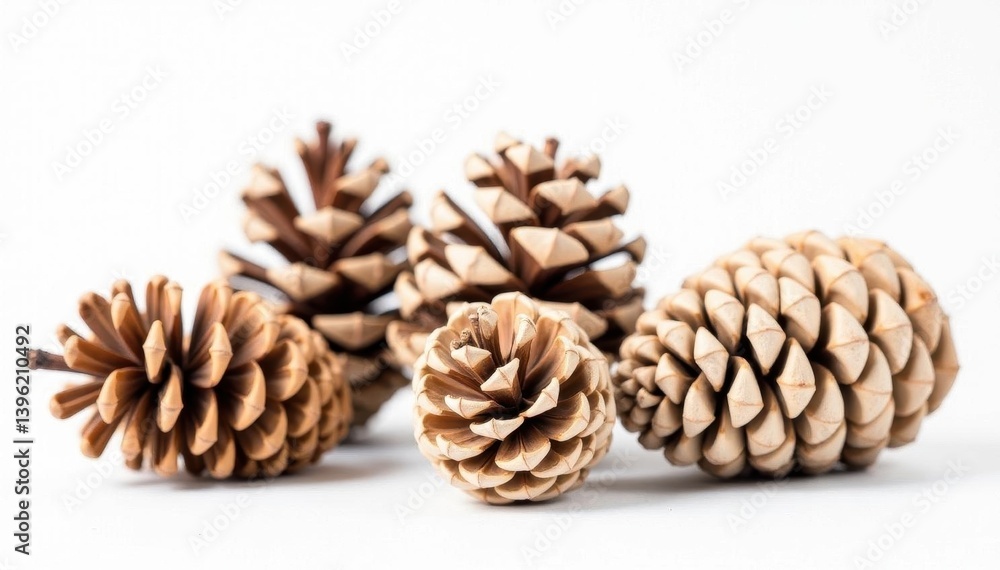Several closed pine cones on white background, studio shot, seed, christmas Several closed pine cones on white background, studio shot, seed, christmas