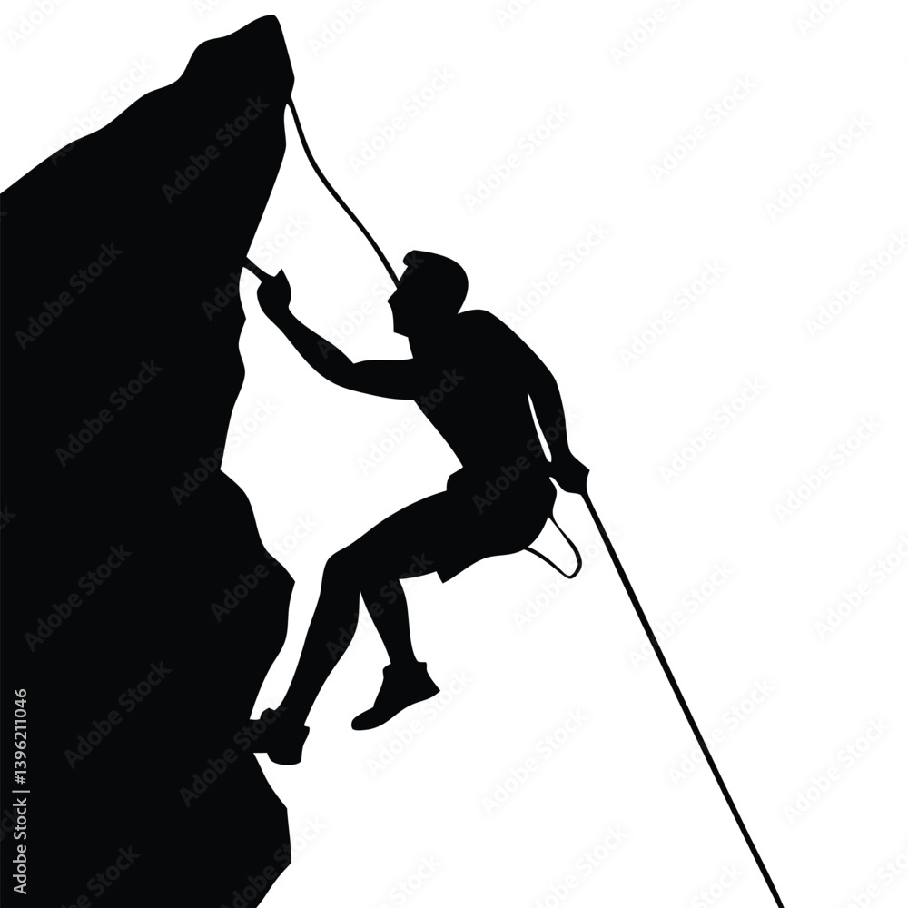 Obraz premium Silhouette of Man Rock Climbing on Cliff Wall – Extreme Sports Adventure, Rappelling Action Scene, Outdoor Mountain Challenge Icon.