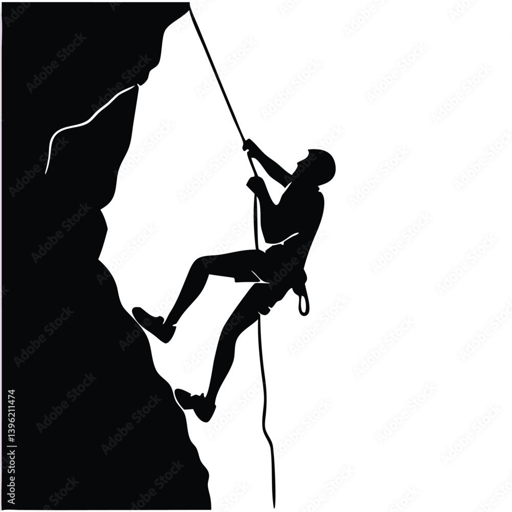 Obraz premium Silhouette of Man Rock Climbing on Cliff Wall – Extreme Sports Adventure, Rappelling Action Scene, Outdoor Mountain Challenge Icon.
