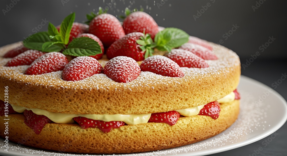 Elegant strawberry cake adorned with fresh mint and a dusting of powdered sugar Elegant strawberry cake adorned with fresh mint and a dusting of powdered sugar