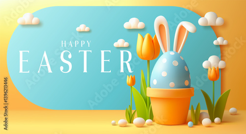 Festive Easter horizontal greetings, flyer, banner, poster, header website on yellow background. Trendy Easter day design. Egg with Bunny Ears. Greeting card with text Happy Easter. Egg Hunt backdrop