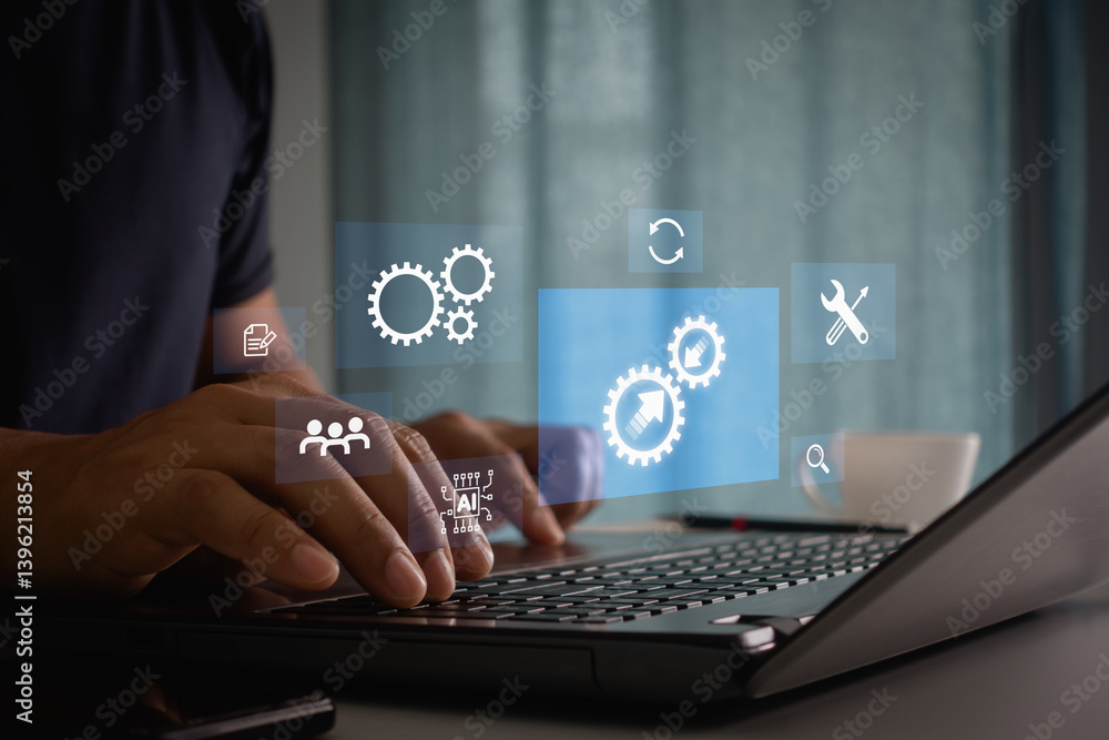 Data integration concept, data system technology, integration icon with gears. Businessman use laptop with virtual system integration technology. Industrial and smart business and automation solution. Data integration concept, data system technology, integration icon with gears. Businessman use laptop with virtual system integration technology. Industrial and smart business and automation solution.