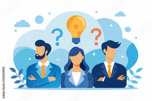 Illustration of three business people with question marks and a light bulb above their heads