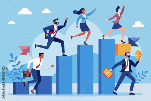 Business people running up graph bars towards flags and clouds in a light blue colored background scene design