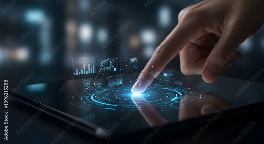 A finger hovering over a digital touchscreen with futuristic icons appearing, tech interface, innovation, business decision-making, neon glow A finger hovering over a digital touchscreen with futuristic icons appearing, tech interface, innovation, business decision-making, neon glow