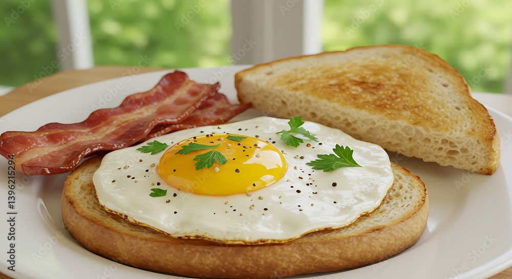 Delectable breakfast still life featuring fried egg, bacon, and toast close-up