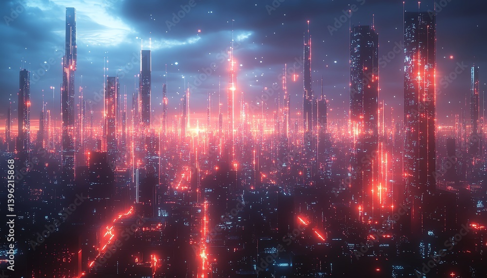 Obraz premium Cyberpunk city skyline at night, glowing red.