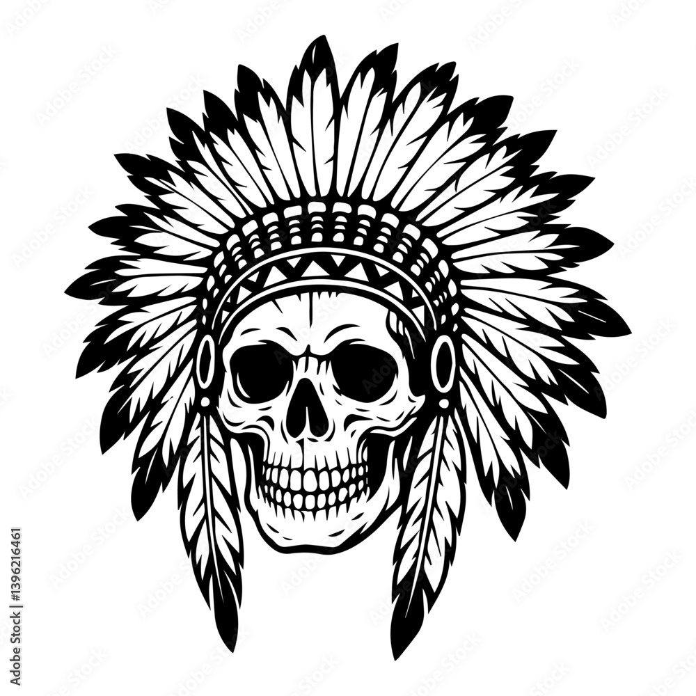 Fototapeta premium Skull with Native Headdress, Tribal Skull Art, Warrior Skull Illustration, Black and White Vector, Skull with Feathers
