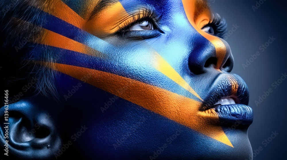 A beautifully painted face features bold blue and orange artistic makeup in striking detail.