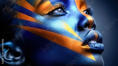 A beautifully painted face features bold blue and orange artistic makeup in striking detail.