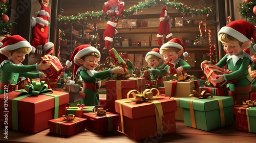 Elves wrapping presents Santas gift factory A fun and whimsical scene of hardworking elves wrapping gifts and tying ribbons