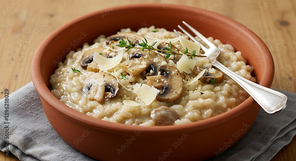 Mouthwatering mushroom risotto dish, garnished with fresh thyme and parmesan