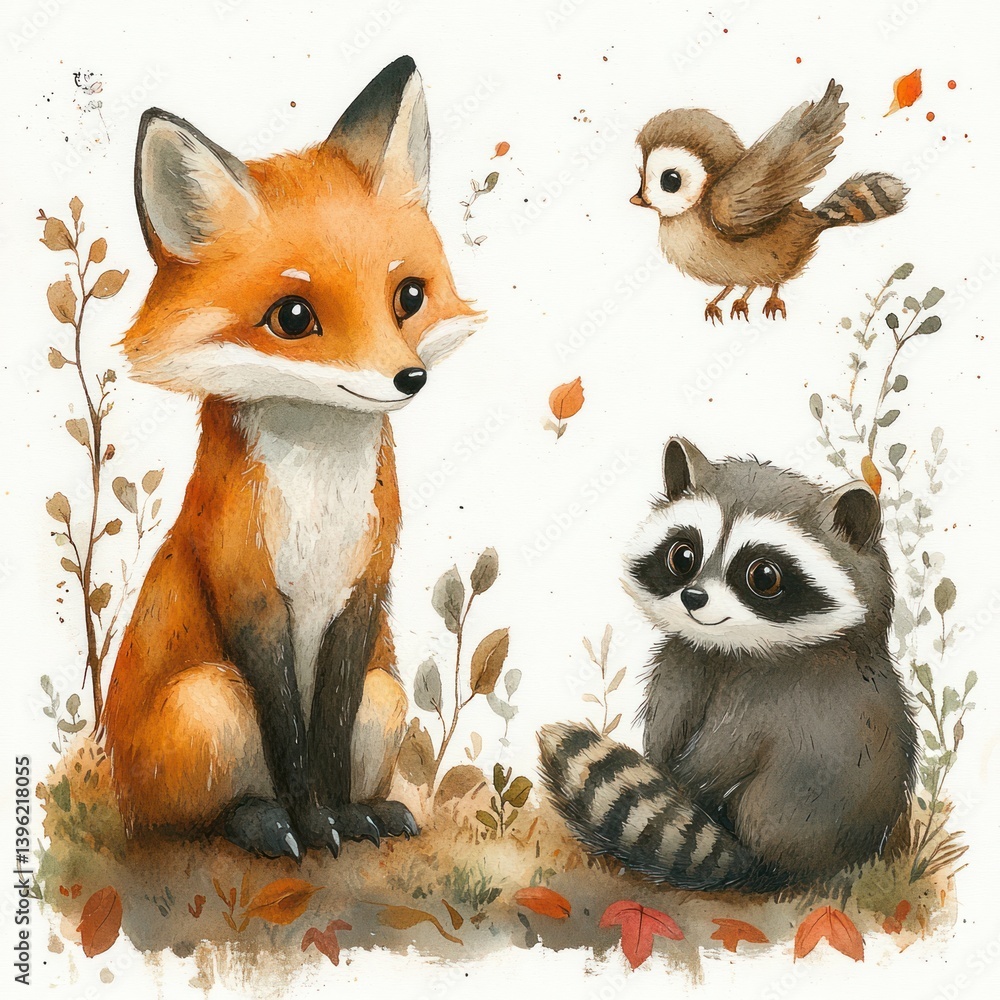Obraz premium Watercolor Woodland Animals Collection Featuring Fox Raccoon Owl and Nature Elements for Baby Shower and Room Decor
