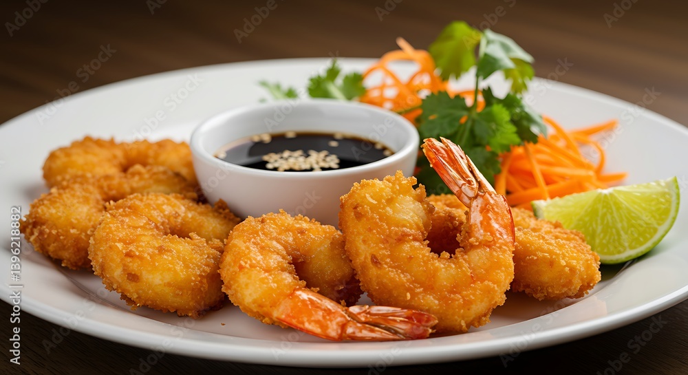 Delicious and Crispy Fried Shrimp Tempura with Soy Sauce and Fresh Garnish Delicious and Crispy Fried Shrimp Tempura with Soy Sauce and Fresh Garnish