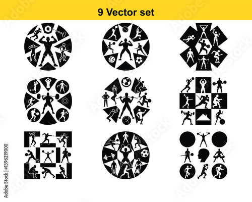 Gym and fitness collection. Group of active people doing fitness and gym activities isolated on white background.