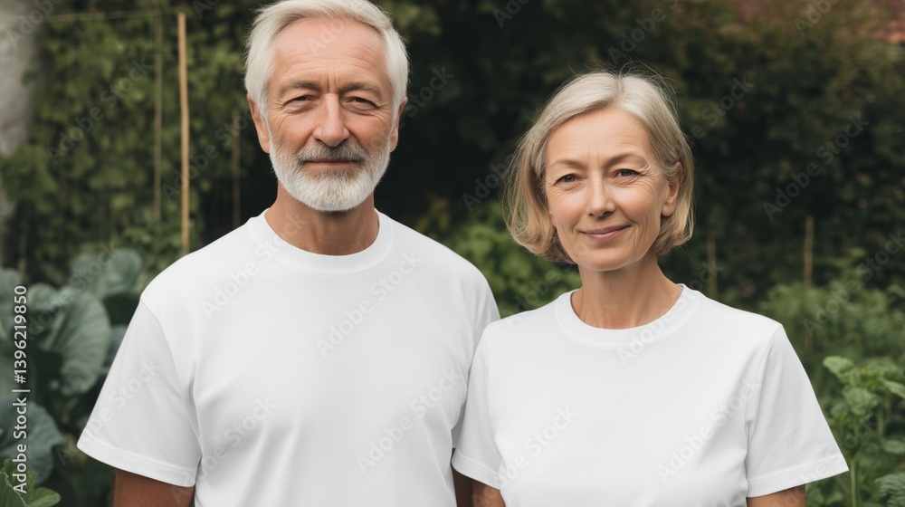 Couple stands together in front of lush green foliage during a sunny day in a serene garden setting.