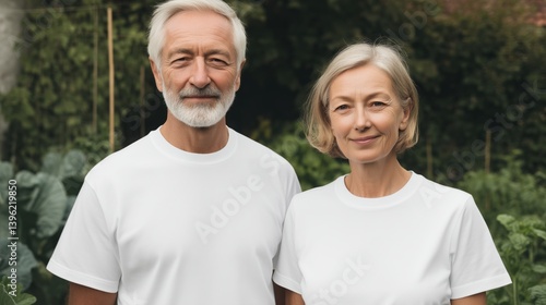 Obraz na płótnie Couple stands together in front of lush green foliage during a sunny day in a serene garden setting. w salonie
