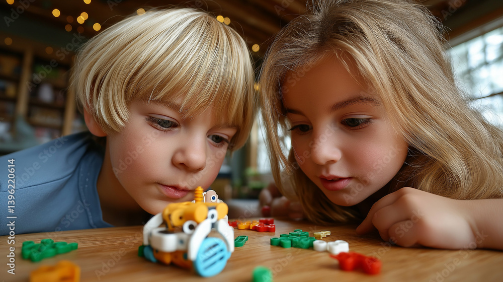 Fototapeta premium Kids testing robot movement on classroom floor, colorful learning posters behind